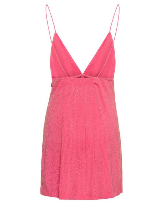 DSquared² Pink Mini Salmon Dress With Plunging V Neck And Tonal Rhinestone In Viscose