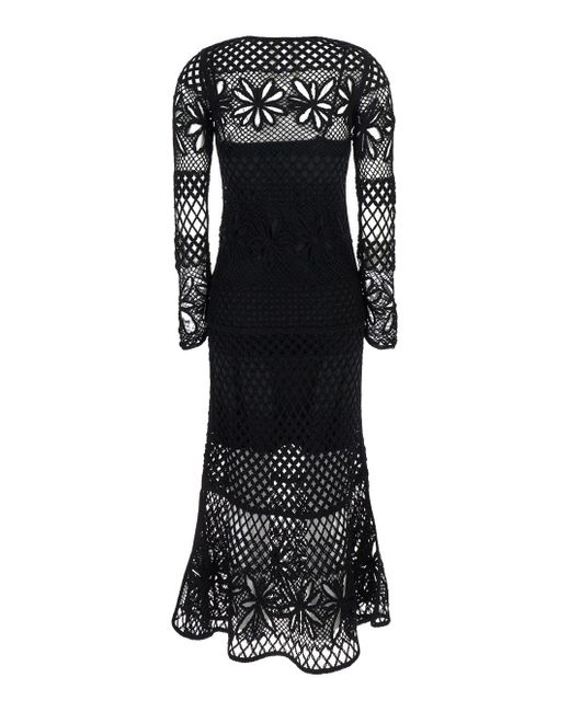 Pinko Black Ortles' Crewneck Long Dress With Fishnet Design