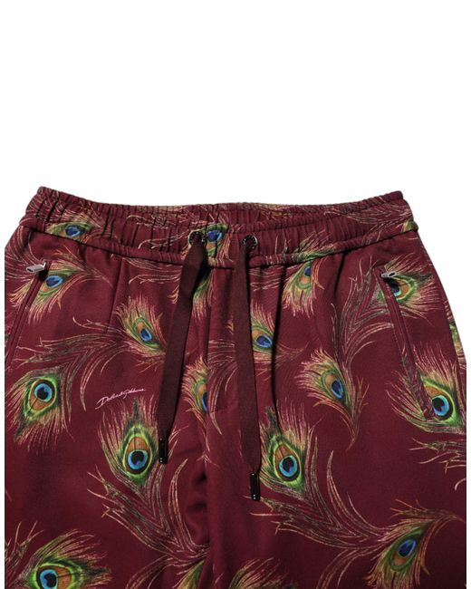 Dolce & Gabbana Red Peacock Feather Print Jogger Pants Polyester Elastane for men