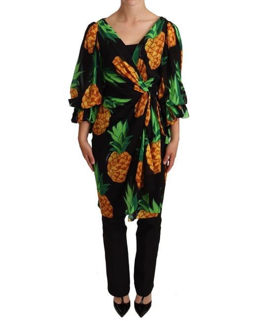 Dolce & Gabbana Green Vibrant Pineapple Draped Wrap Dress
