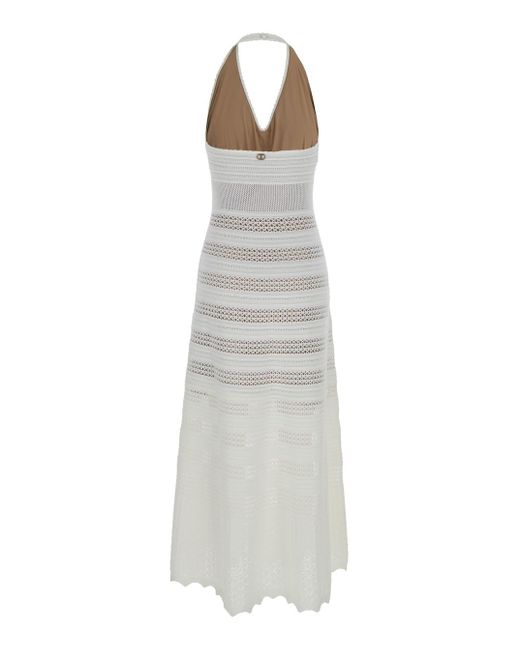 Twin Set White Long Perforated Dress With Halterneck