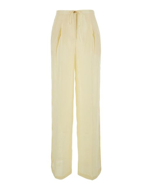 Semicouture White Linen Pants With Elastic Waist For Trousers