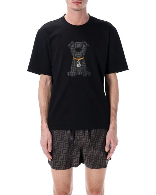 Fendi Black Cotton Jersey T-Shirt With Dog Patch for men