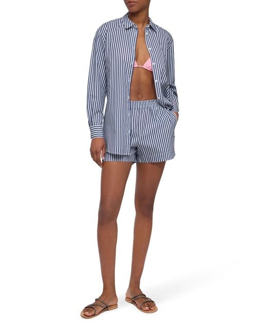 Mc2 Saint Barth Blue Brigitte Striped-Print Cotton Shirt With Saint Barth Beach Club Embroidery
