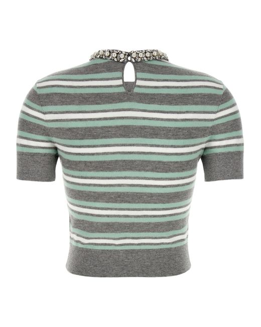 Self-Portrait Green Striped Crystal Trim Knit' Sweater