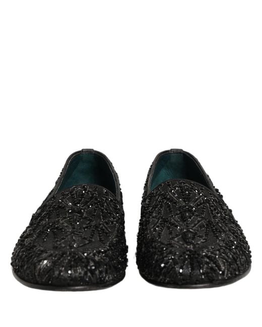 Dolce & Gabbana Black Velvet Embroidered Dress Loafers Shoes Leather for men