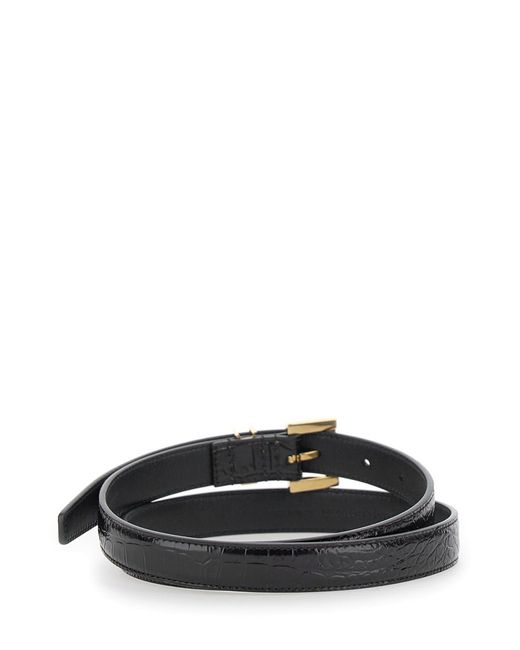 Saint Laurent White Belt With Cassandre Detail, Croco Leather Croco-Printed