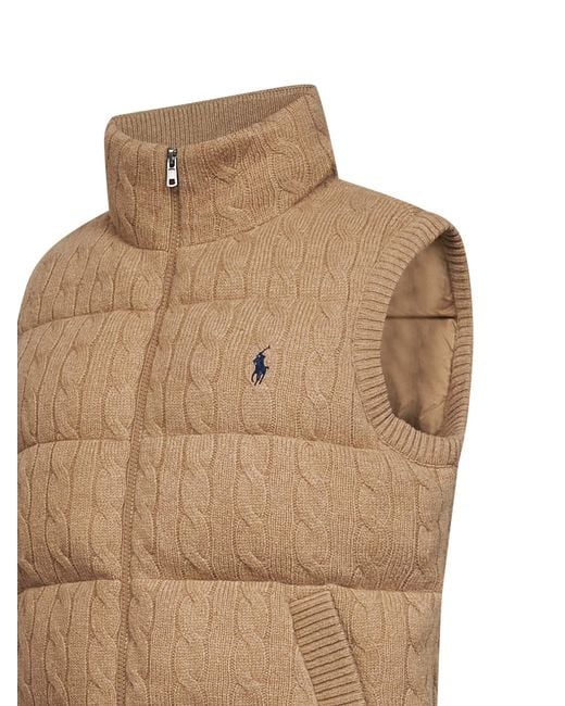 Polo Ralph Lauren Brown Camel Cable Knit Wool And Cashmere Padded Vest