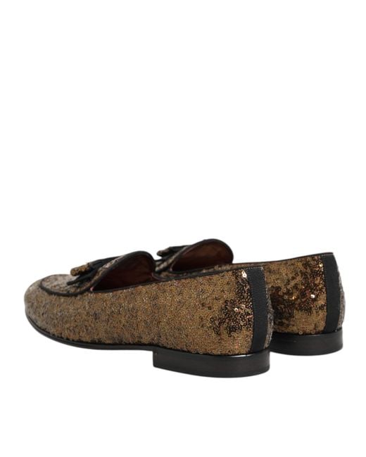 Dolce & Gabbana Brown Gold Sequined Slip On Loafers Men Dress Shoes for men
