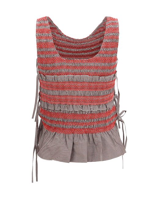 Ganni Red Elastic Printed Top With Ruching And Side Ties Cotton; Elastane