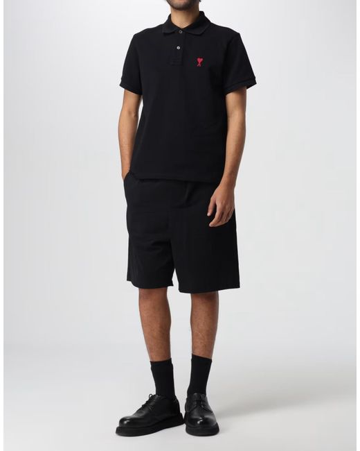 AMI Black Cotton Crepe De Coeur Logo Plaque Bermuda for men