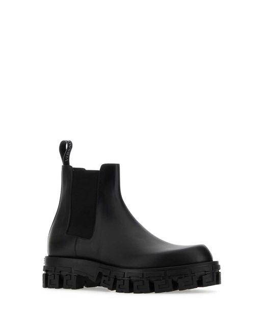 Versace Black Leather Greca Portico Ankle Boots for men