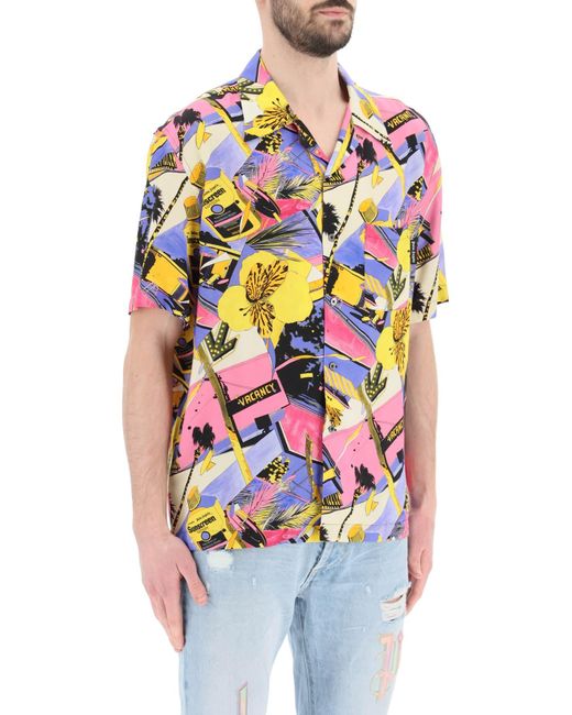 Palm Angels Pink Bowling Shirt With Miami Mix Print for men