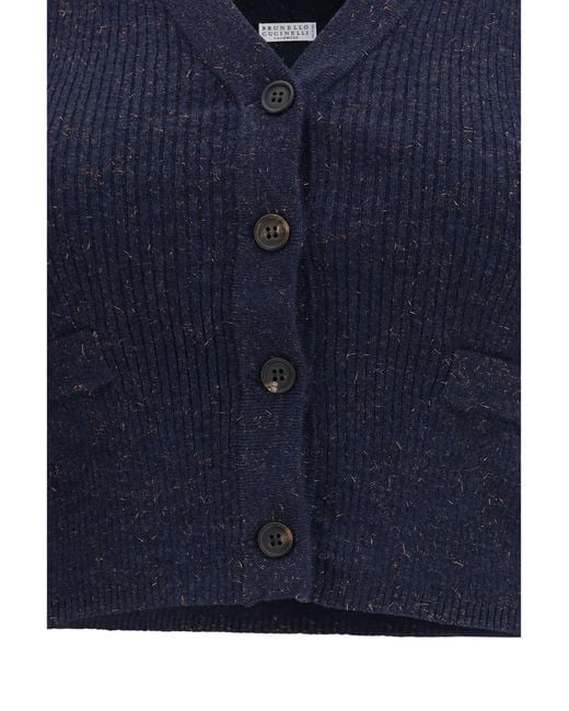 Brunello Cucinelli Blue Sleeveless Metallic Knit Cardigan Cashmere Blazers