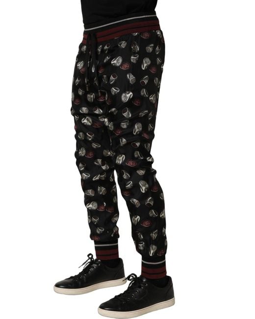 Dolce & Gabbana Black Pants Ring Print Silk Jogging Trousers for men