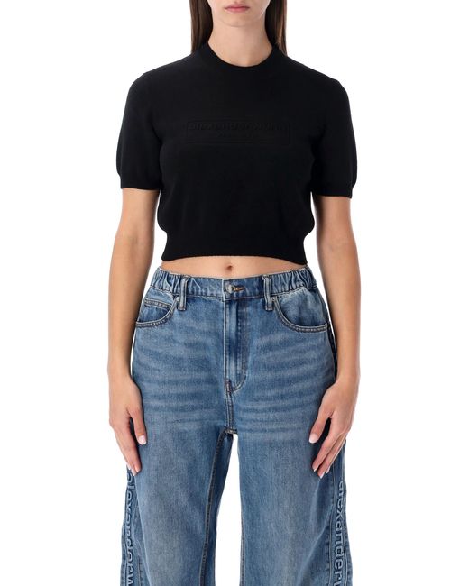 Alexander Wang Black Cropped Ribbed Chenille Sweater With Logo