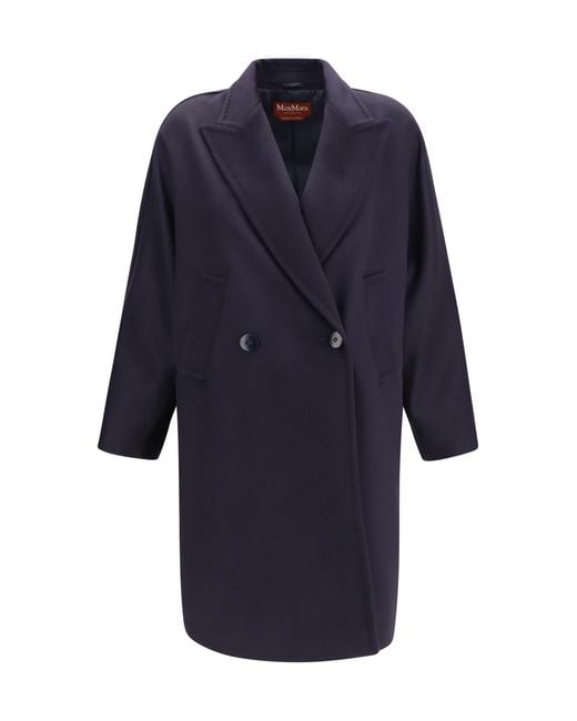 Max Mara Blue Double-Breasted Wool Coat Fleece (Ovis Aries)