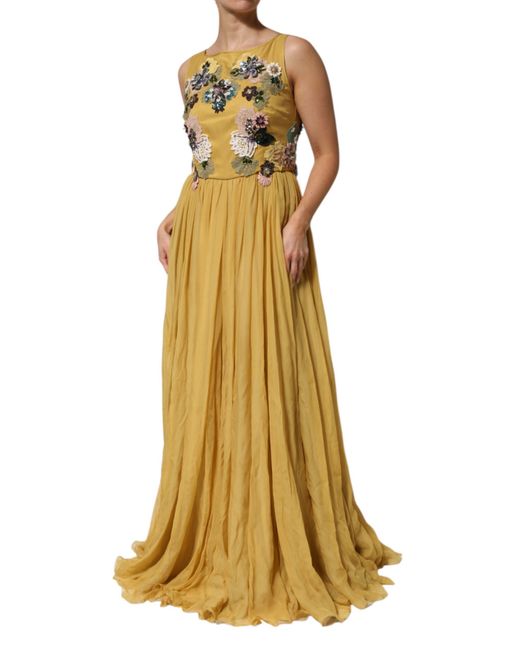 Dolce & Gabbana Yellow Silk Floral Embroidered Maxi Dress (Chiffon)
