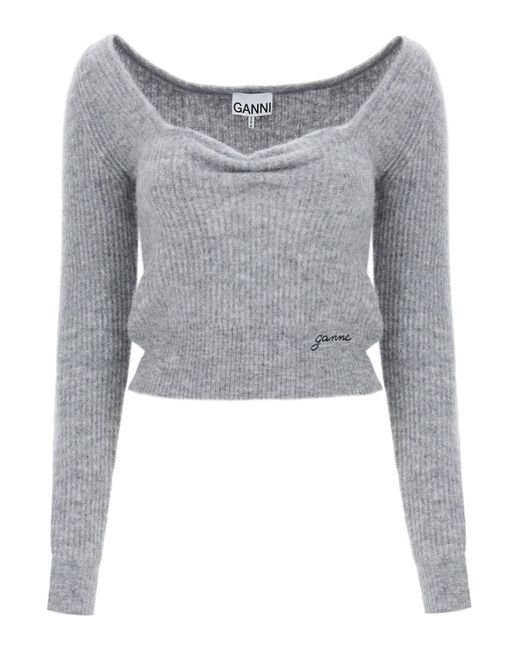 Ganni Gray Sweater With Sweetheart Neckline