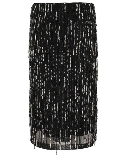 Pinko Black Midi Skirt With Rhinestone-Embellished Mesh Design