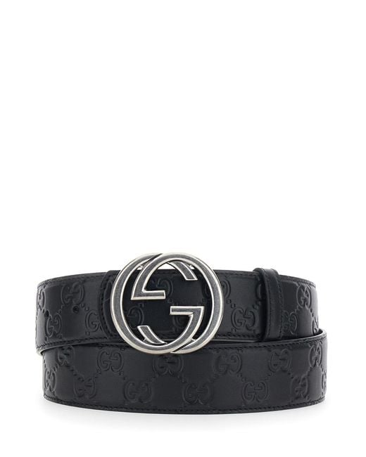 Gucci Black Belt With Gg Buckle — Leather Calfskin for men