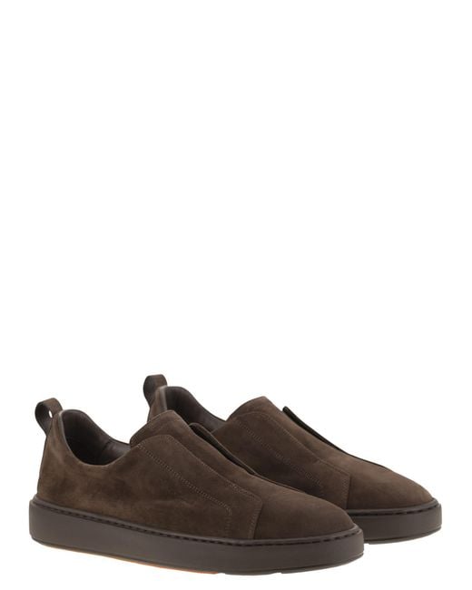 Santoni Brown Suede Slip-On Trainer for men