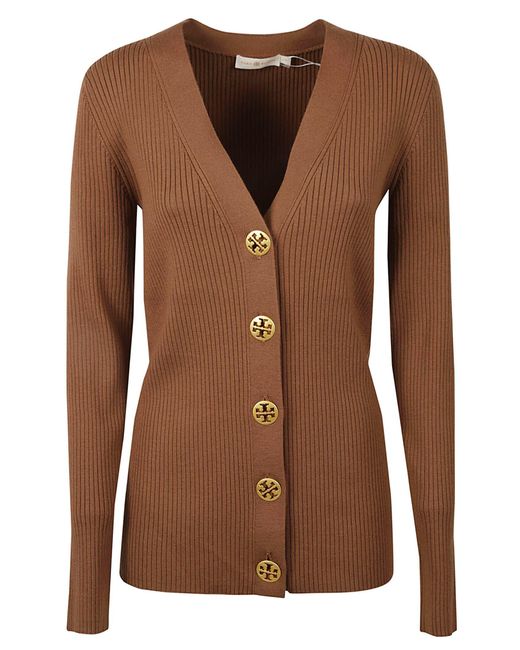 Tory Burch Ribbed Simone Cardigan in Brown | Lyst