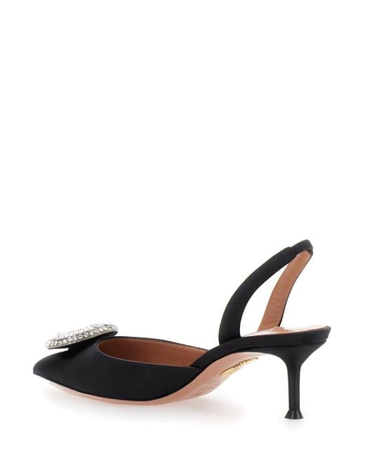 Aquazzura Black Crystal Hoop Slingback Pumps With Rhinestoned Embellishment And Kitten Heel
