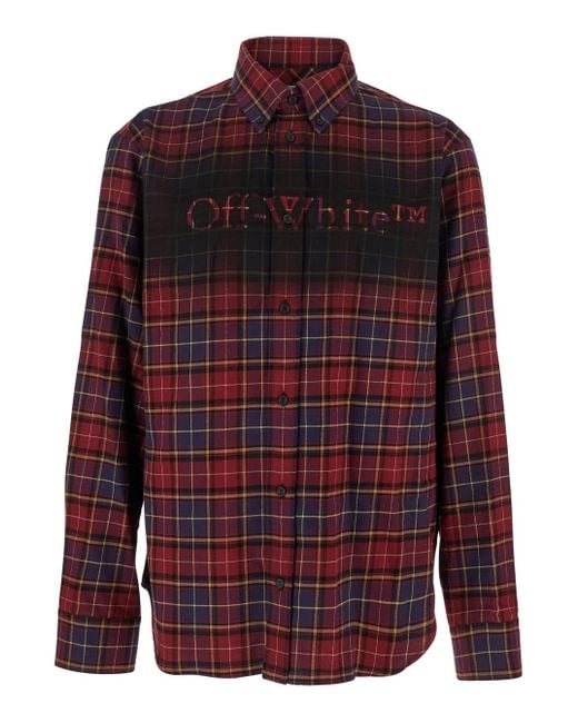 Off-White c/o Virgil Abloh Red Bordeaux Shirt With Maxi Logo Lettering On The Front And All-Over Check Motif for men