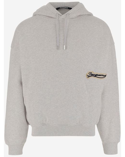 Jacquemus Gray Drawstring Hood Cotton Sweatshirt With Varsity Patches for men