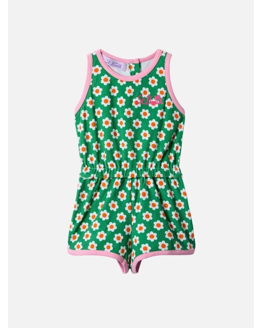 Mc2 Saint Barth Green Terry Romper Suit With Daisy Print