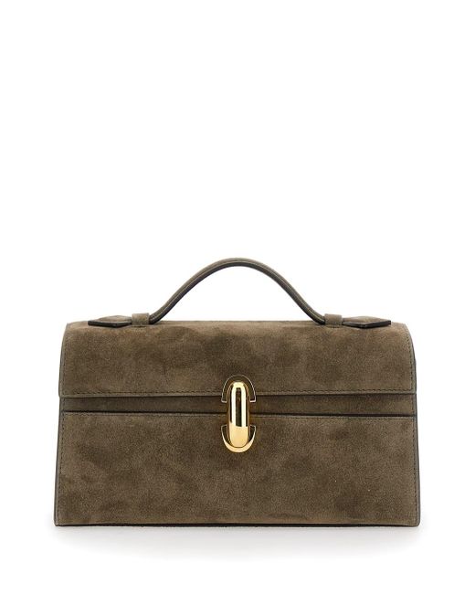 SAVETTE Brown Suede Symmetry Pochette Tote Bag
