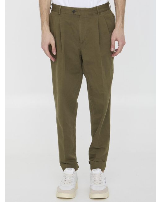 PT01 Green Cotton And Linen Trousers for men