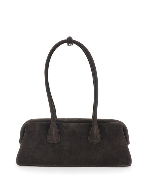OSOI Black Shoulder Bag Boat Wide With Round Handles Suede For Cow