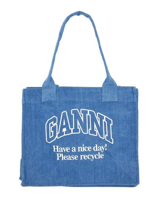 Ganni Blue Denim Tote Bag With Logo