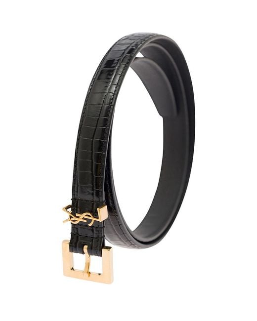 Saint Laurent White Leather Belt Cassandre Crocodile-Embossed