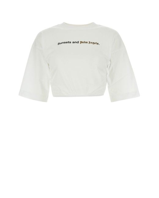 Palm Angels White Logo Printed Cropped T-shirt