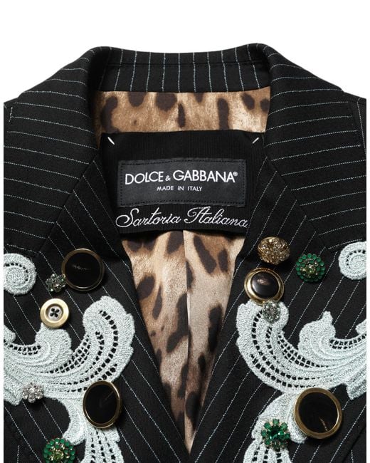 Dolce & Gabbana Black Stripe Double-Breasted Blazer Jacket Elastane Virgin Wool Clothing