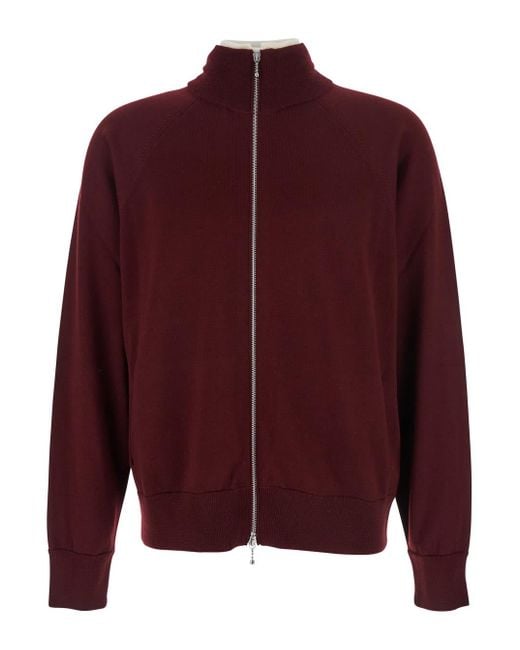 Jil Sander Red Bordeaux Cardigan With High Neck And Front Zip Closure for men