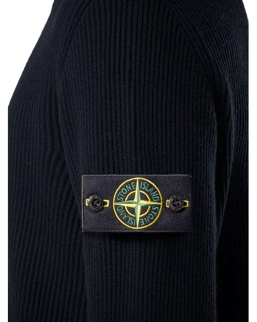 Stone Island Blue Ribbed Rws Wool Zip-Up Cardigan With Logo Badge for men