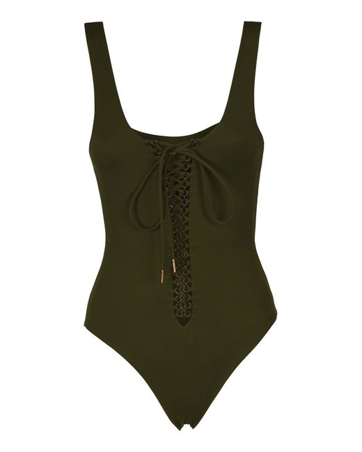 Saint Laurent Synthetic Lace-up Front Slim Swimsuit in Green - Save 2% ...