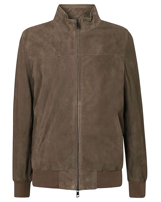 Herno Brown High-Neck Velvet Zipped Jacket for men