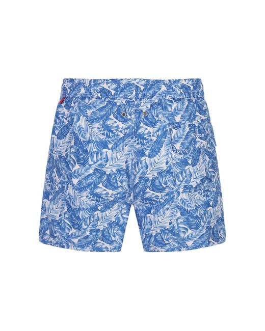 Kiton Blue Swim Shorts With Light Foliage Print for men