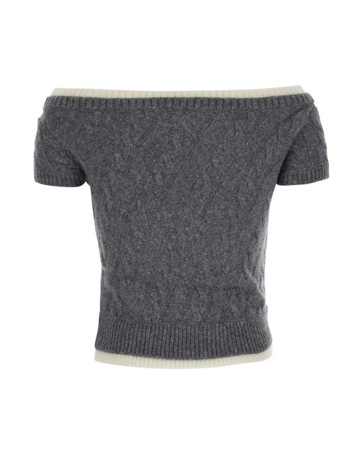 ShuShu/Tong Gray Wool Top With Boat Neck And Bow Detail Merino