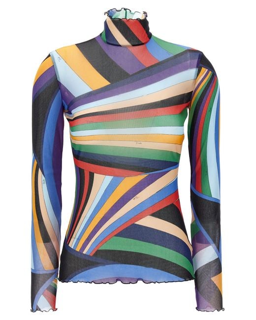 Emilio Pucci Blue Printed Tulle High-Neck Top