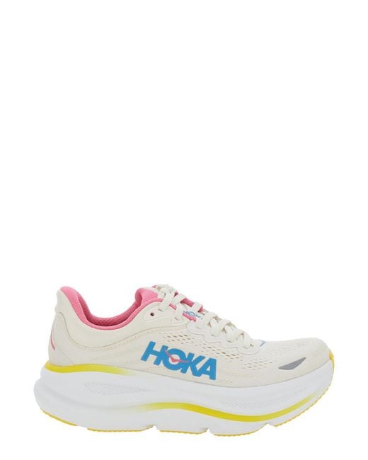 Hoka One One White Bondi 9 Low Top Sneakers With Maxi Logo Lettering On The Side Tech Fabric Textile Synthetic