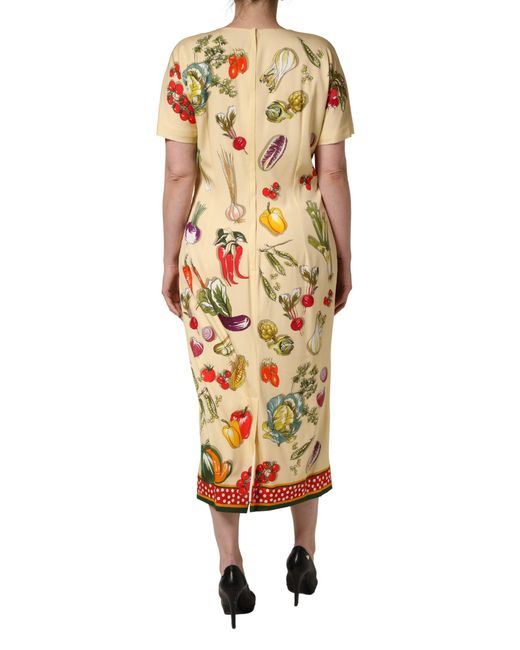 Dolce & Gabbana Metallic Fruit Polkadot Sheath Silk Midi Dress Elastane