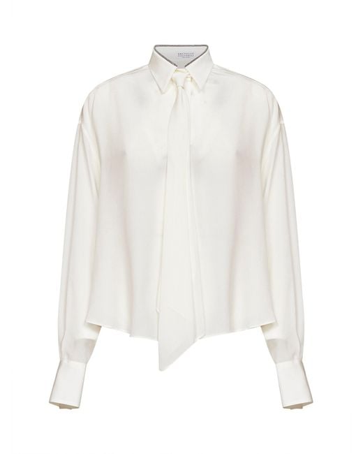 Brunello Cucinelli White Natural Crêpe De Chine Shirt With Tie And Shiny Collar