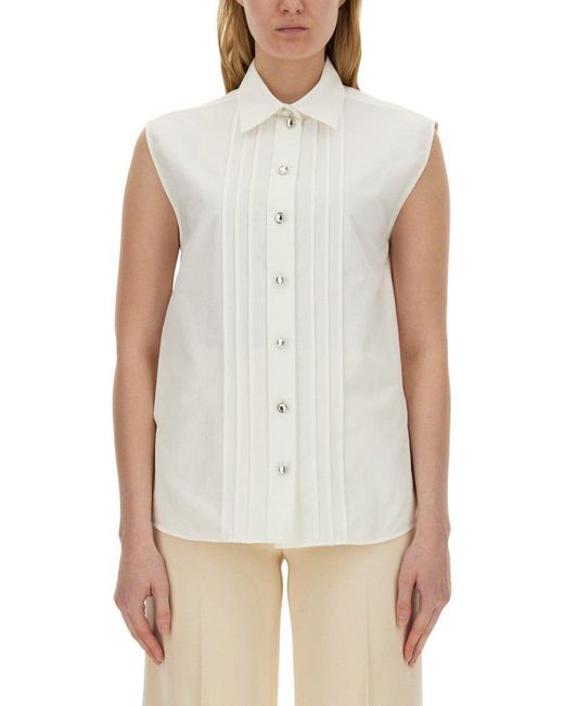 Moschino Pintuck Detailed Curved Hem Shirt in White | Lyst