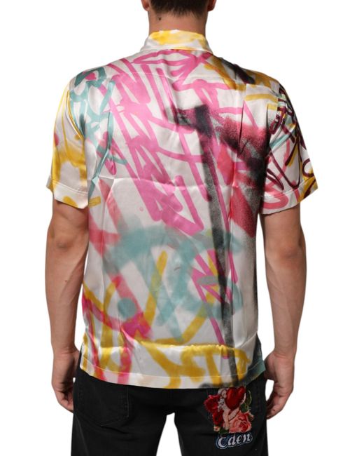 Dolce & Gabbana Red Silk Hawaiian Graffiti Print Casual Shirt for men